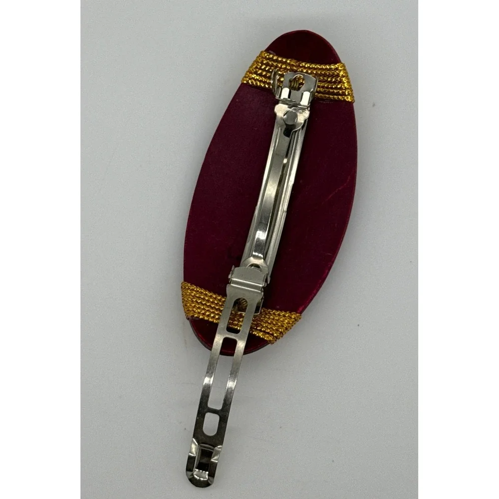 Vintage 80s 90s Burgundy Red Gold Braided Rope Oval Hair Barrette French Clip